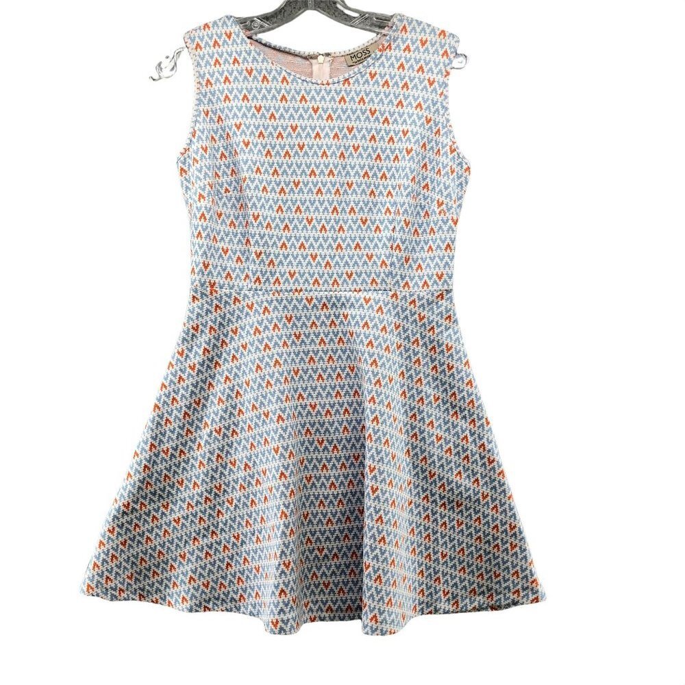 Moss Sleeveless Mini Dress L Red White Blue Print Knit Fit Flare Patriotic‎